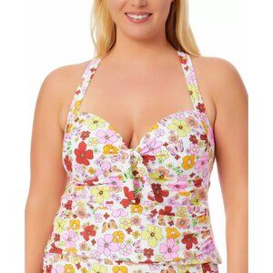 California Waves Swimwear Top Plus Size 2X Floral-Print Floral Flutter White